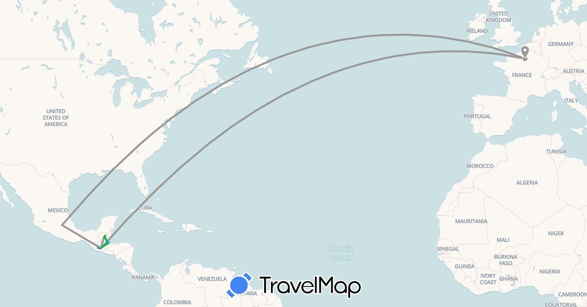 TravelMap itinerary: driving, bus, plane, boat, motorbike in France, Guatemala, Mexico (Europe, North America)
